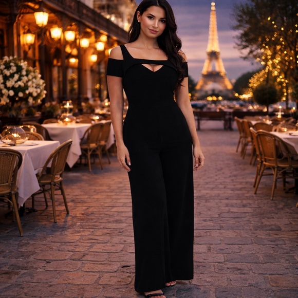 Nw Nightway Pants - Nightway Black Off Shoulder Wide Leg Jumpsuit Petite 4P Elegant Cocktail Evening